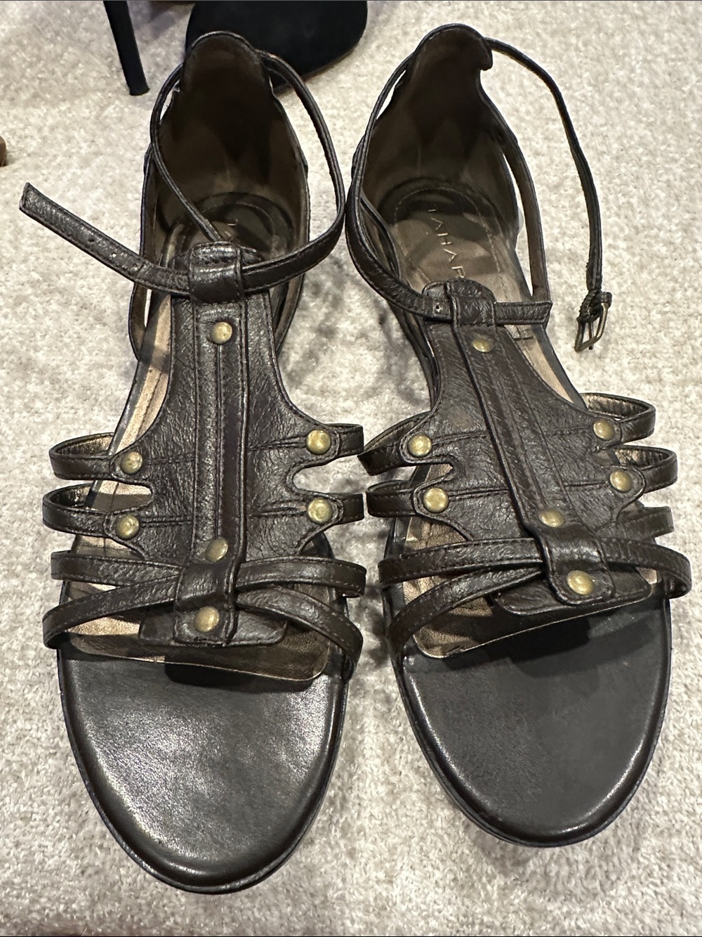 Tahari Dark Brown Strappy T‑Bar Sandals with Studs